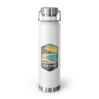 White stainless steel water bottle featuring a design of Virgin Islands National Park with a beach and palm trees.