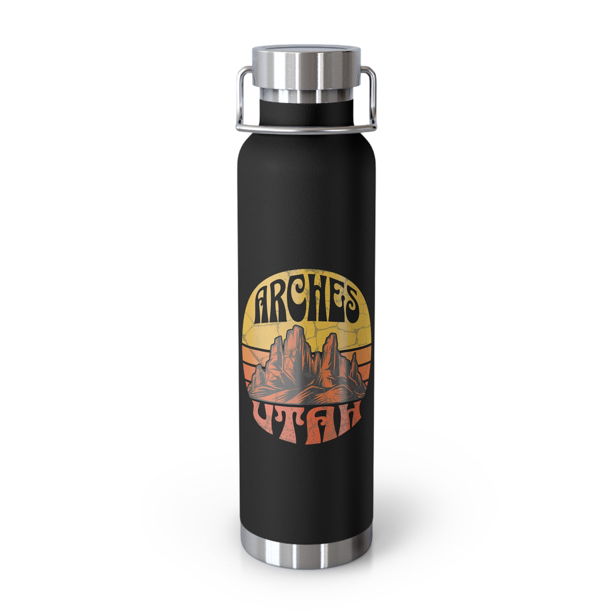 Image of a stainless steel water bottle featuring a design from Arches National Park in Utah.