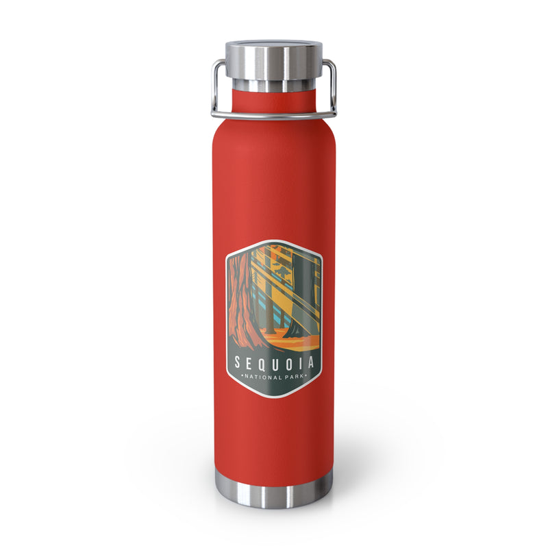 Red stainless steel water bottle featuring a design of Sequoia National Park with tall sequoia trees.