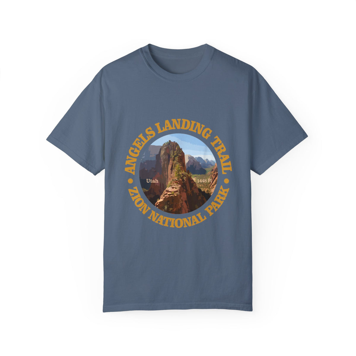 T-shirt featuring a scenic design of Angels Landing Trail in Zion National Park, Utah.