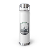 White stainless steel water bottle with a scenic design of Mount Rainier National Park.