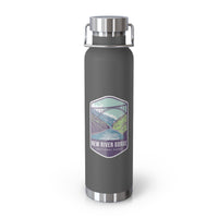 Grey stainless steel water bottle with a scenic design of New River Gorge National Park.