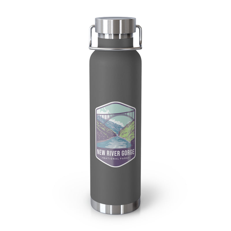 Grey stainless steel water bottle with a scenic design of New River Gorge National Park.