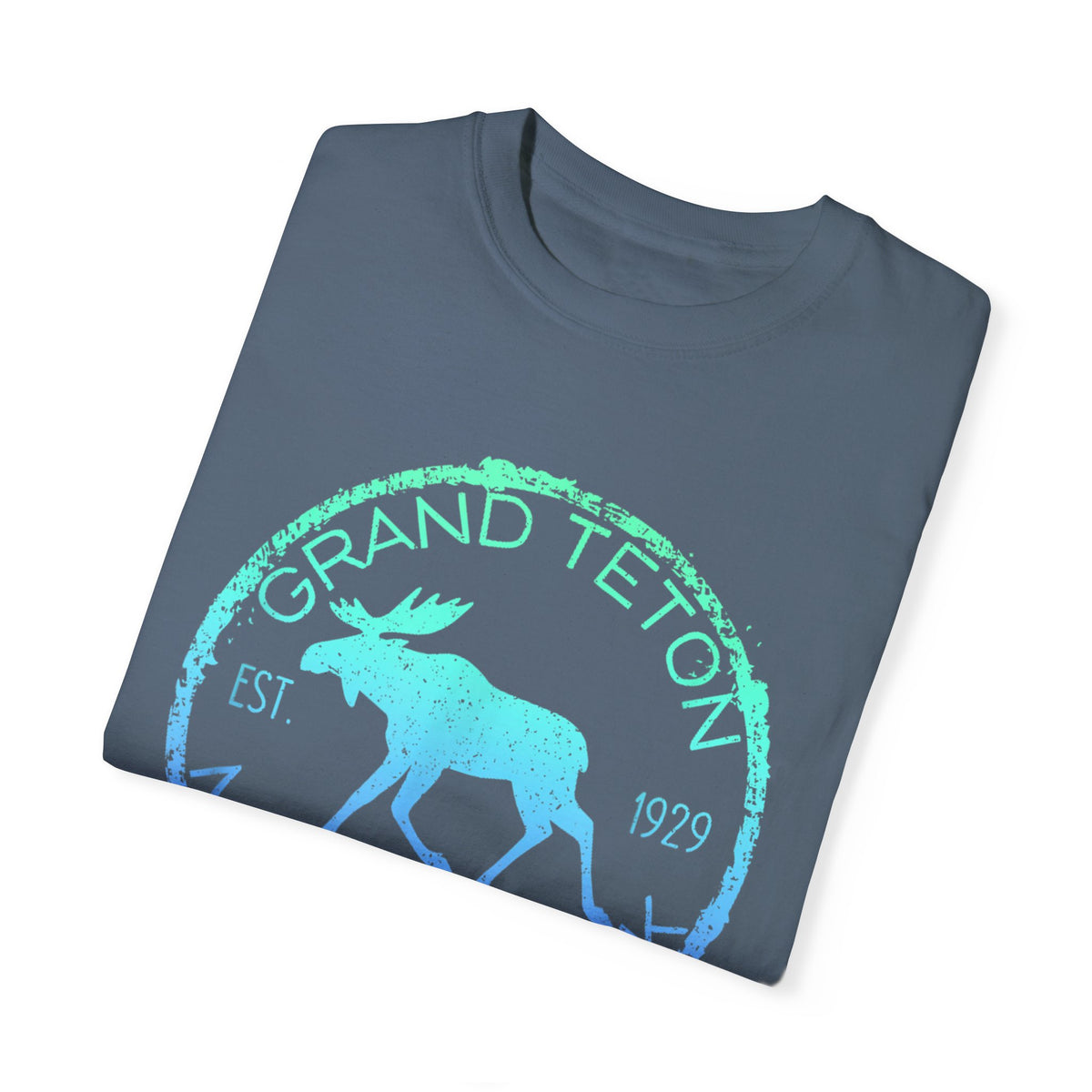 T-shirt featuring a moose graphic with "Grand Teton National Park" and "Est. 1929" in a circular design.