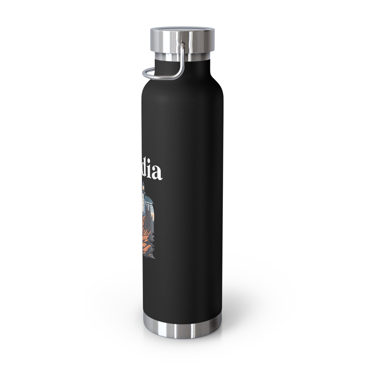 Stainless steel water bottle featuring an Acadia National Park design with a lighthouse and coastal illustration, durable powder-coated finish.