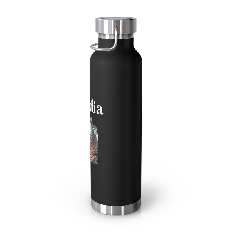 Stainless steel water bottle featuring an Acadia National Park design with a lighthouse and coastal illustration, durable powder-coated finish.