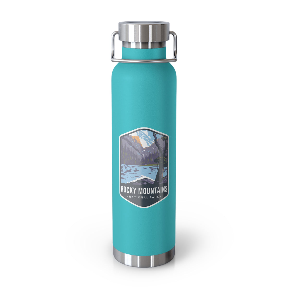 Green mint stainless steel water bottle featuring a design of Rocky Mountains National Park with mountain and lake scenery.