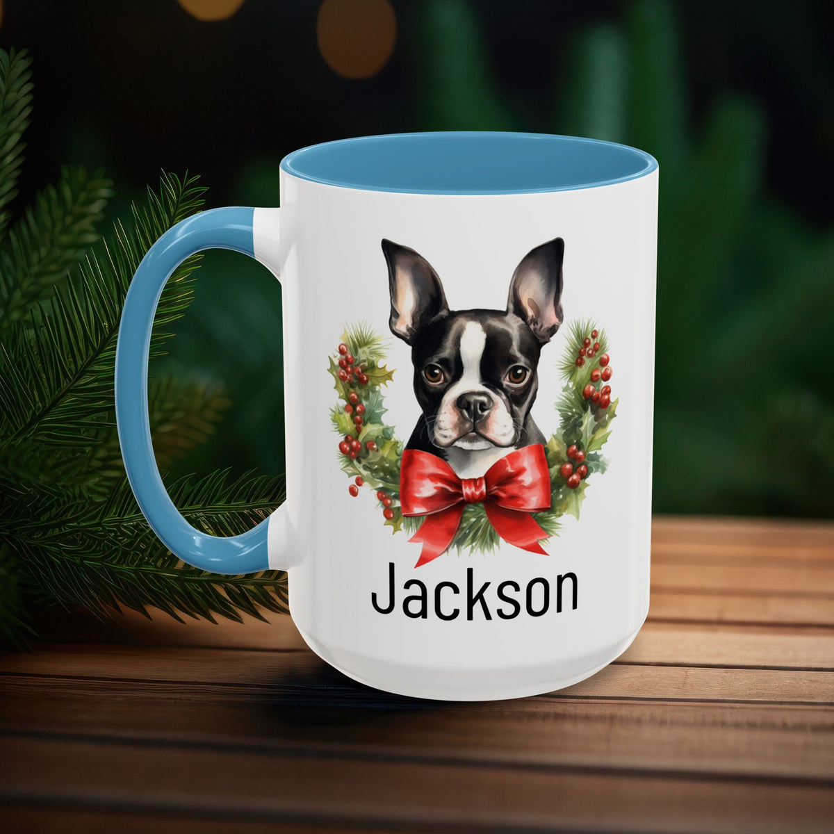 Personalized Boston Terrier Christmas Mug, Custom Dog Name Ceramic Mug, 11oz or 15oz