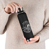 Stainless steel water bottle featuring an Acadia National Park design with a scenic lighthouse illustration, durable powder-coated finish.