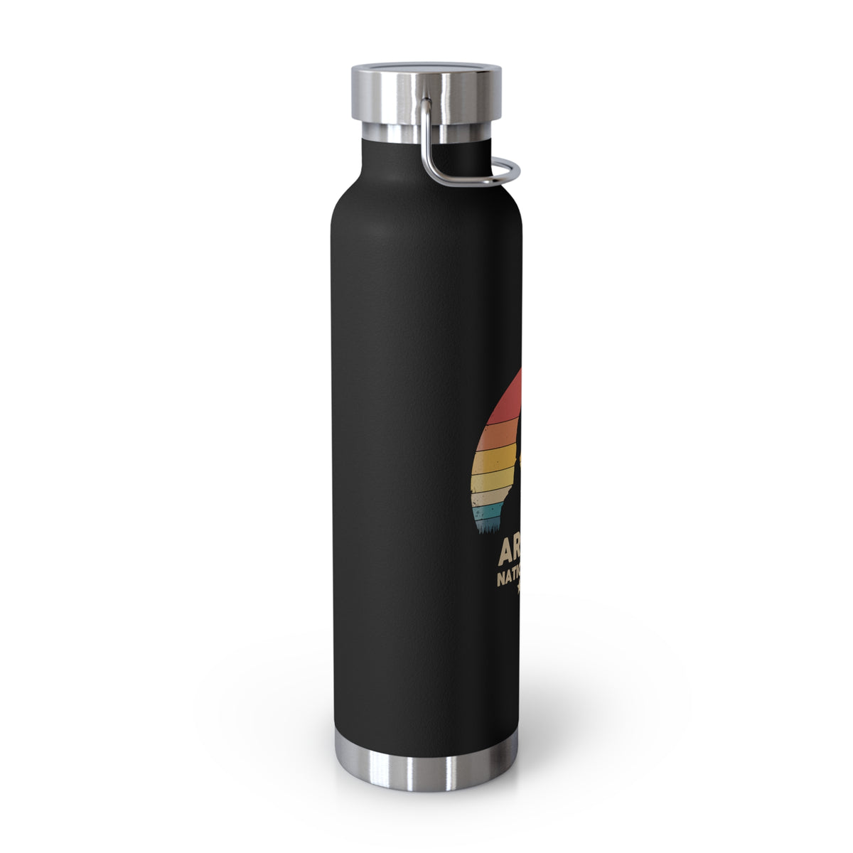 Image of a stainless steel water bottle featuring a design from Arches National Park.