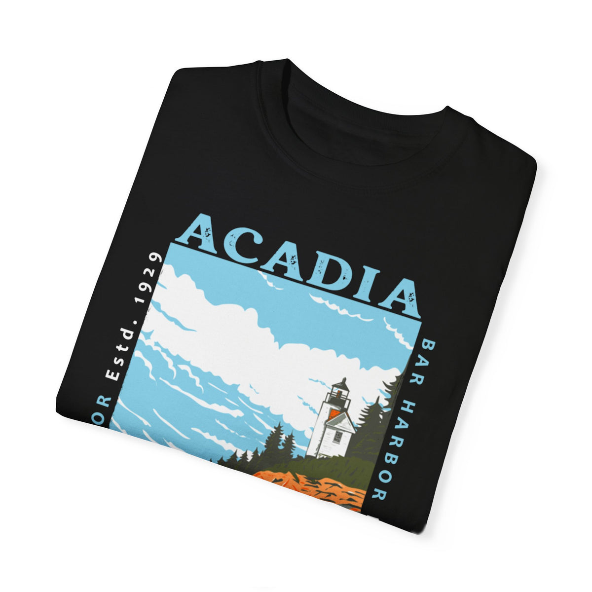 Acadia National Park T-shirt featuring a graphic design with a lighthouse, ocean, and rocky coast scene.