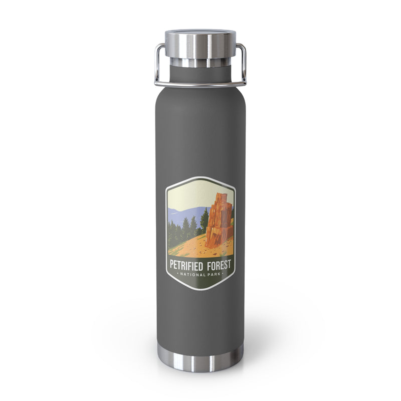 Grey stainless steel water bottle featuring a Petrified Forest National Park design with a tall petrified tree.