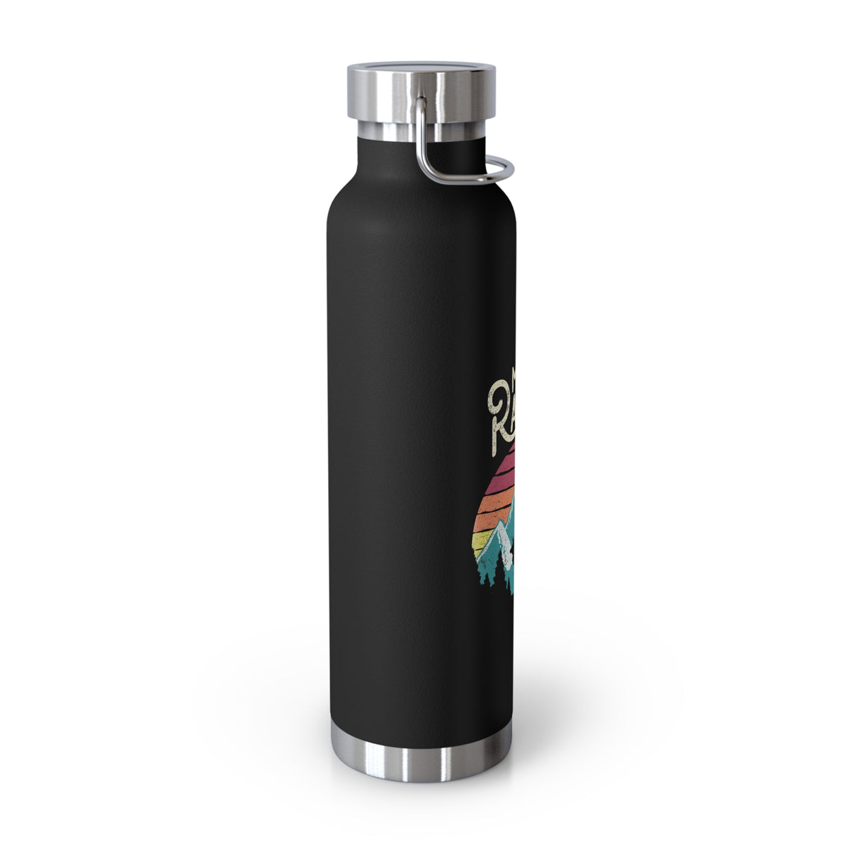 Stainless steel water bottle with a Mount Rainier National Park design, featuring a double-wall insulation and a durable powder-coated finish.