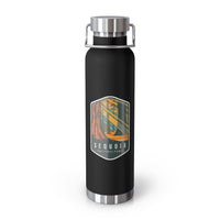 Black stainless steel water bottle featuring a design of Sequoia National Park with tall sequoia trees.