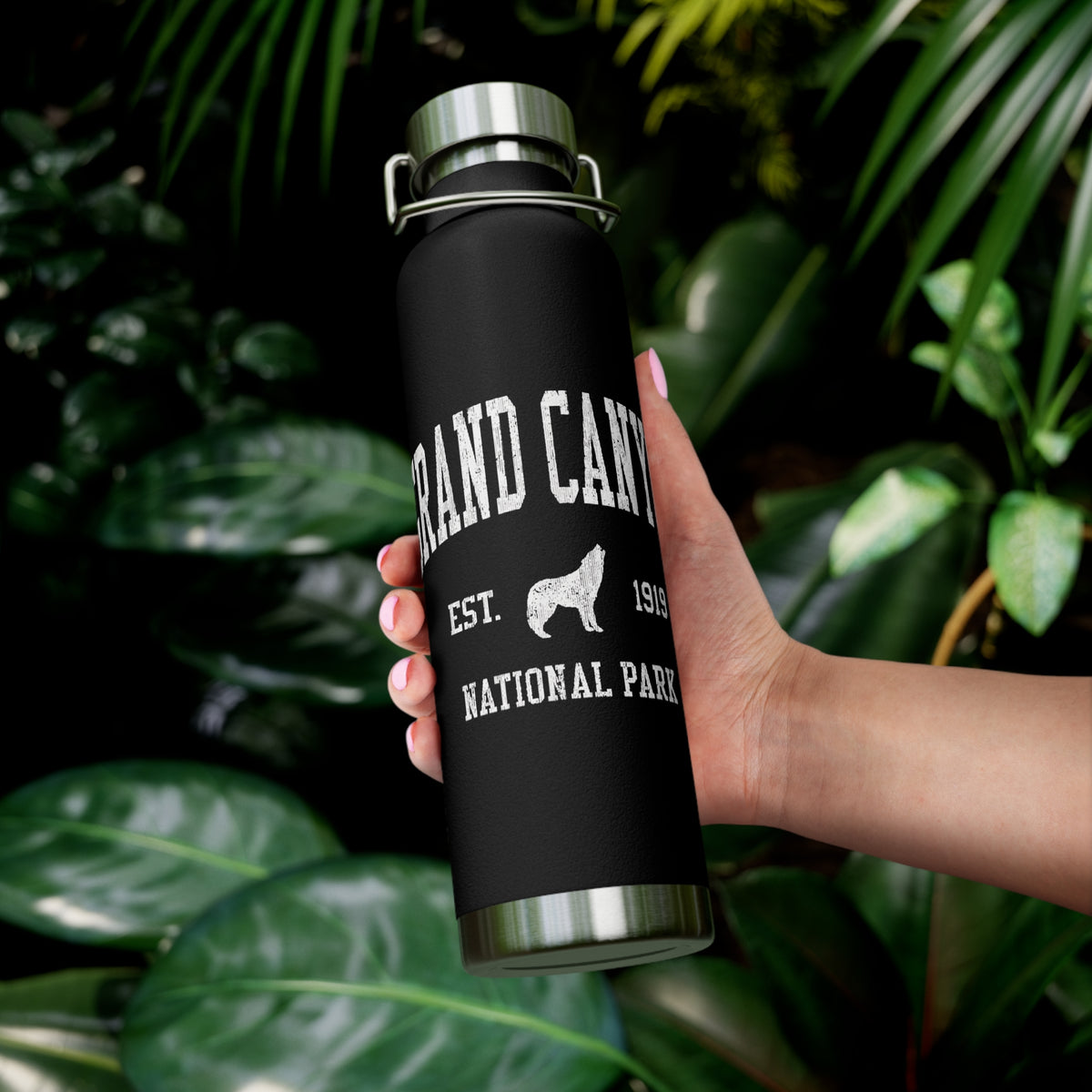 Grand Canyon National Park souvenir water bottle featuring a wolf design and stainless steel construction.