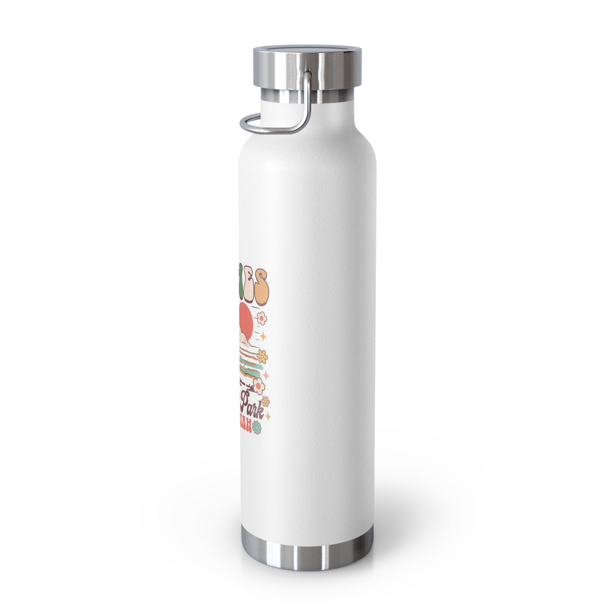 Image of a stainless steel water bottle featuring a design from Arches National Park in Moab, Utah.