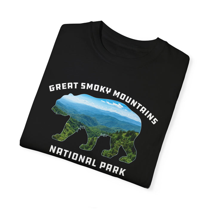 T-shirt featuring a bear silhouette filled with a scenic mountain landscape and the text "Great Smoky Mountains National Park."