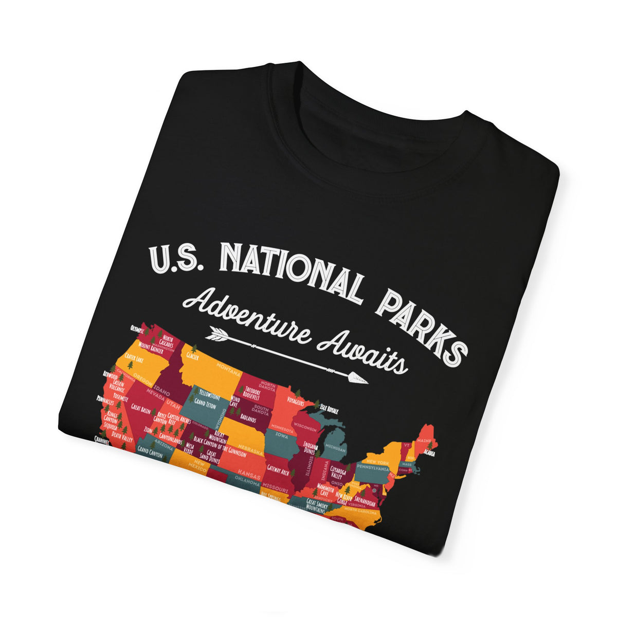 T-shirt featuring a colorful map of US National Parks with the text "Adventure Awaits."