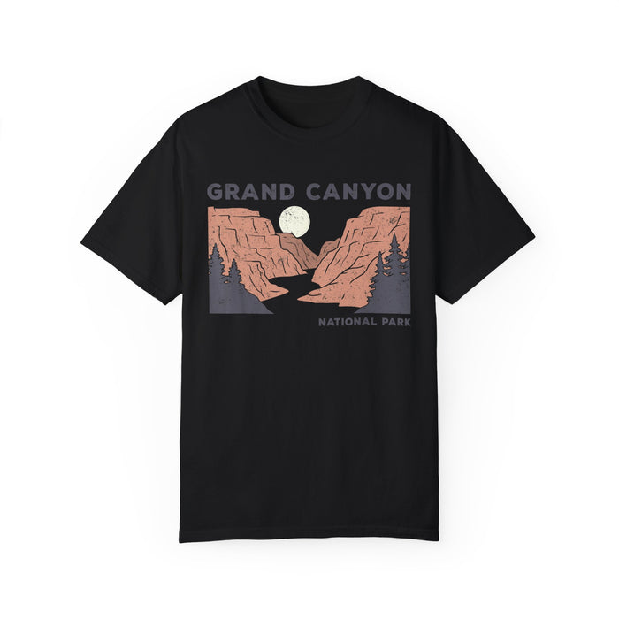 Grand Canyon National Park T-shirt featuring a night scene graphic design with a moon over the canyon landscape.