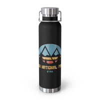 Image of a stainless steel water bottle featuring a sunset design from Zion National Park in Utah.