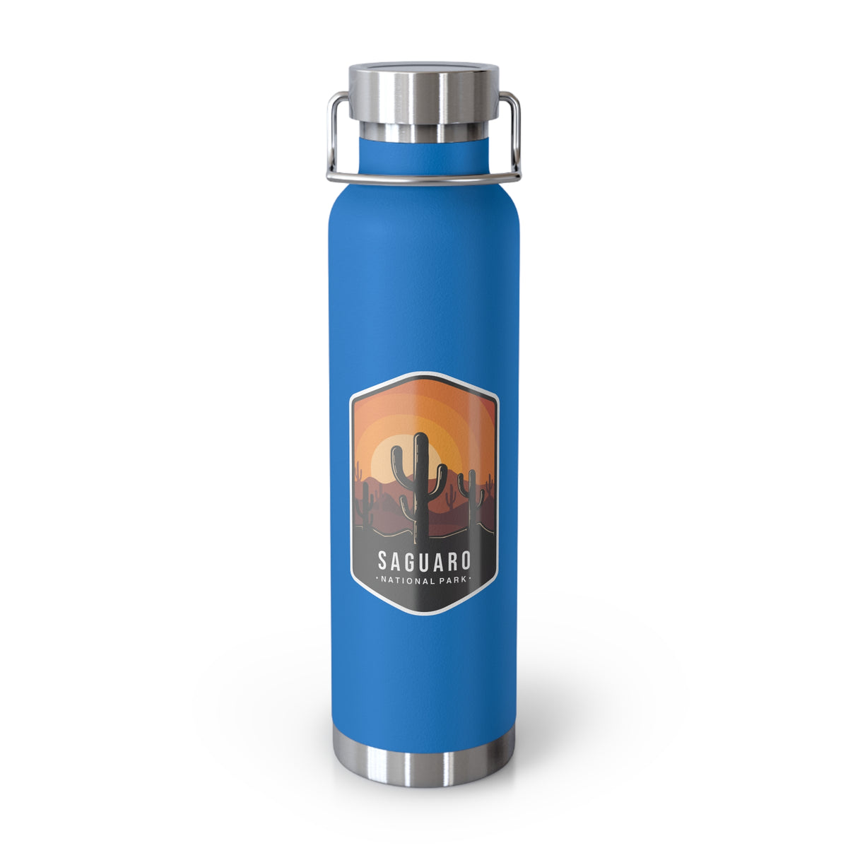 Pebble blue stainless steel water bottle featuring a design of Saguaro National Park with cactus and sunset scenery.