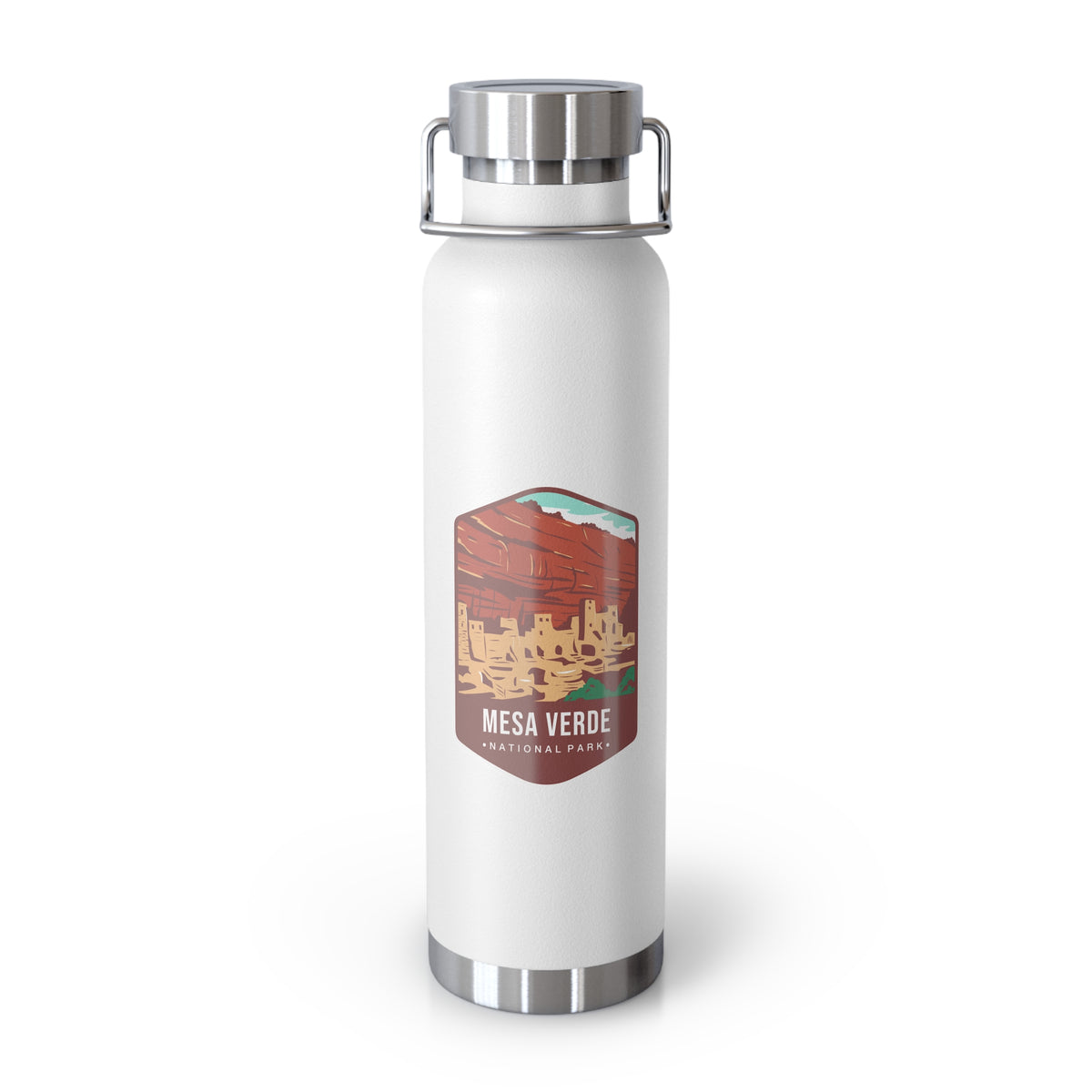 White stainless steel water bottle with a scenic design of Mesa Verde National Park.