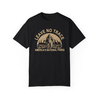 T-shirt featuring a "Leave No Trace" design with a Bigfoot graphic and the text "America's National Parks."