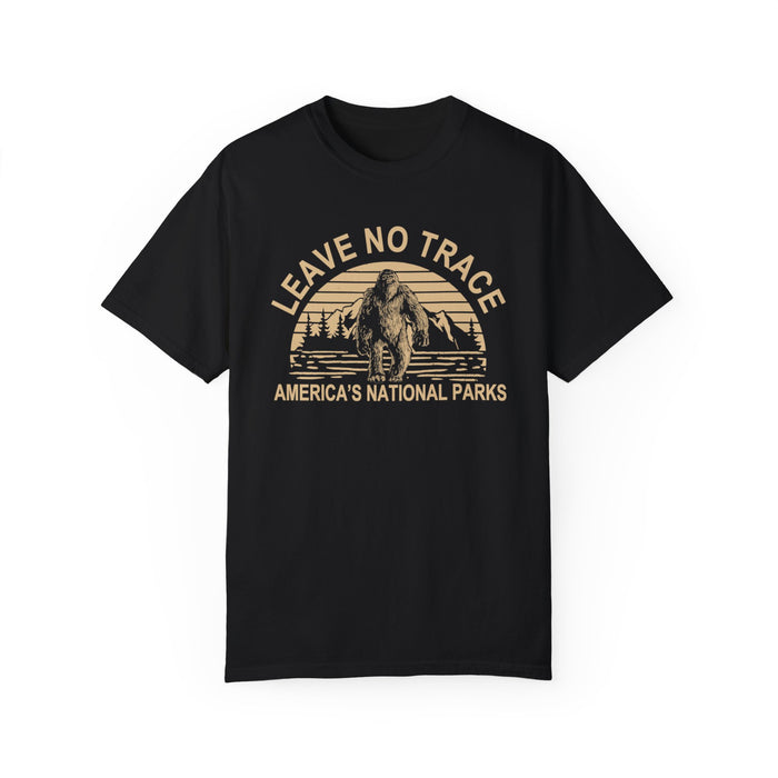 T-shirt featuring a "Leave No Trace" design with a Bigfoot graphic and the text "America's National Parks."