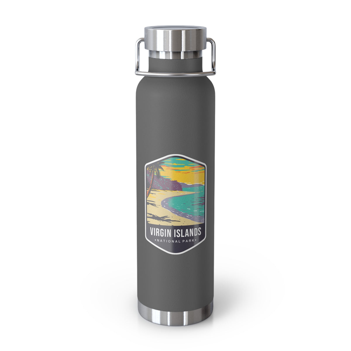 Grey stainless steel water bottle featuring a design of Virgin Islands National Park with a beach and palm trees.