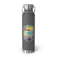 Grey stainless steel water bottle featuring a design of Virgin Islands National Park with a beach and palm trees.