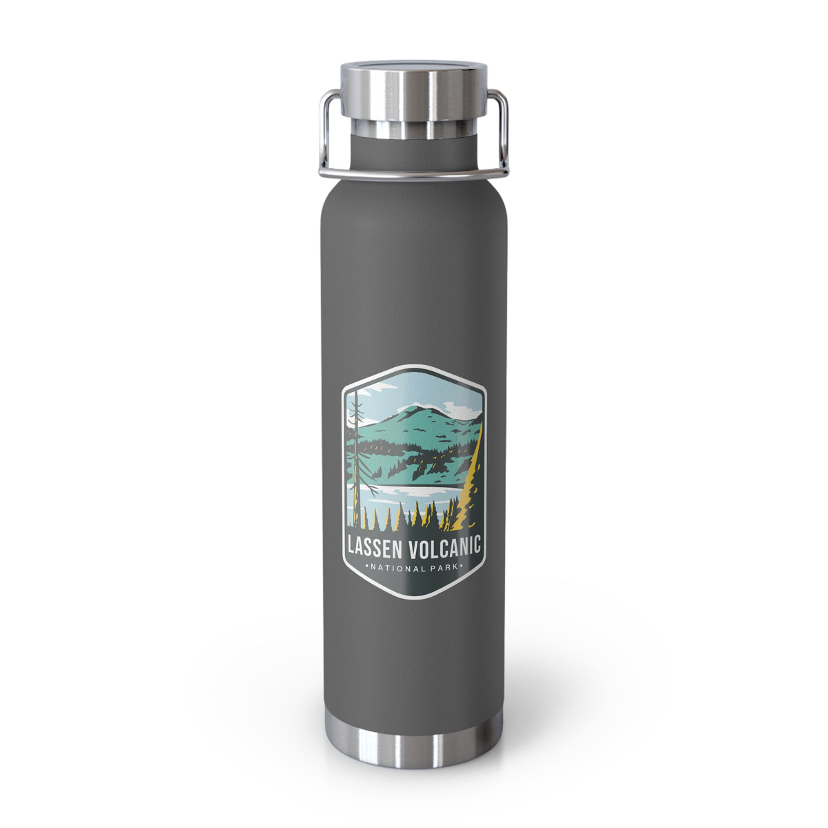 Grey stainless steel water bottle with a scenic design of Lassen Volcanic National Park.