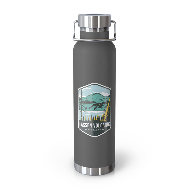 Grey stainless steel water bottle with a scenic design of Lassen Volcanic National Park.