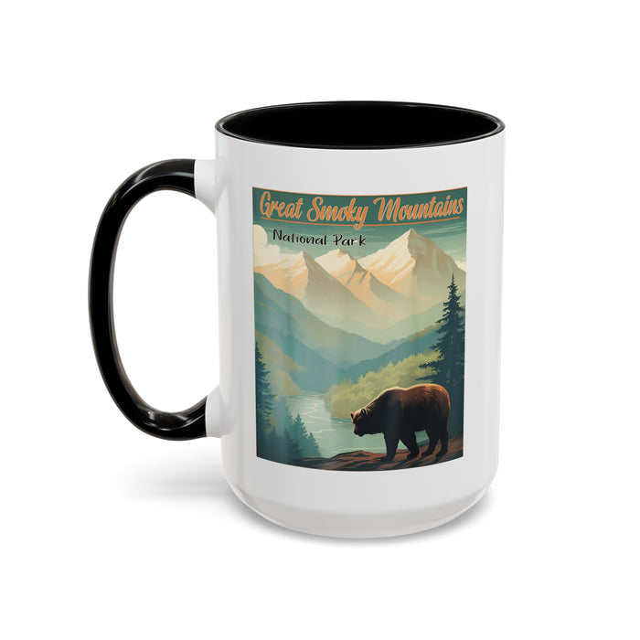 15 oz black ceramic mug featuring an illustration of a bear in Great Smoky Mountains National Park with mountains and trees in the background.