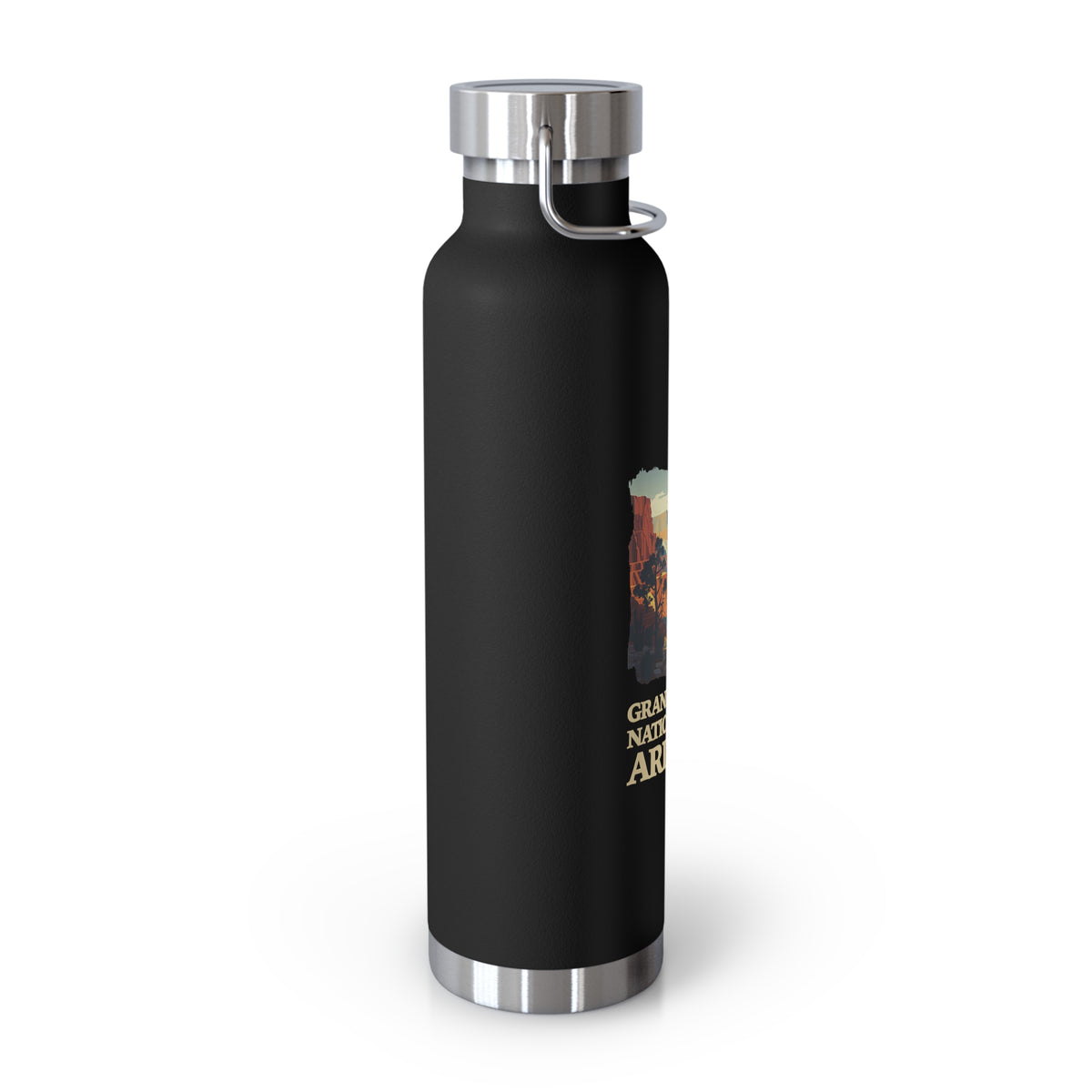 Grand Canyon National Park souvenir water bottle featuring a scenic design of the canyon and Arizona landscape, stainless steel construction.