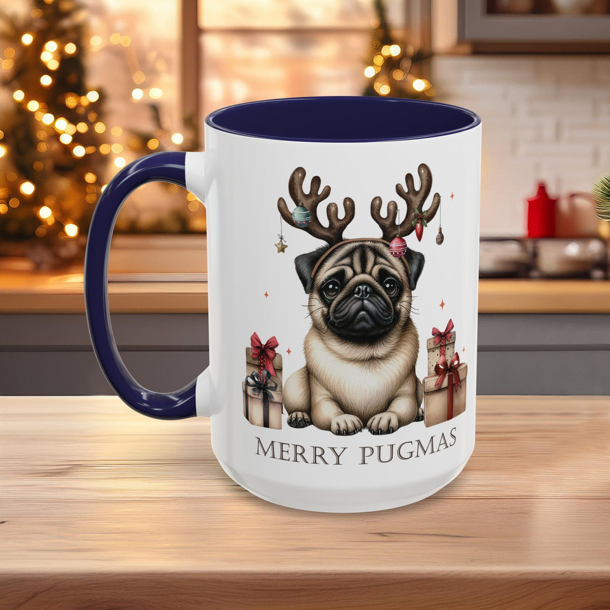 Merry Pugmas Christmas Mug, Cute Pug Dog Design with Free Shipping, Microwave and Dishwasher Safe