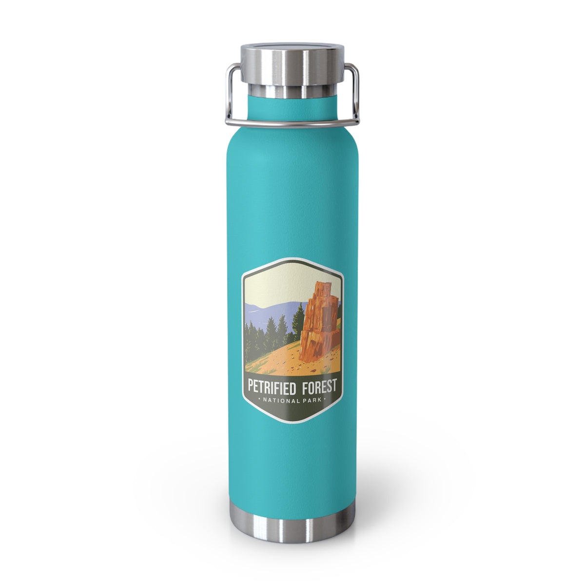 Mint green stainless steel water bottle featuring a Petrified Forest National Park design with a tall petrified tree.