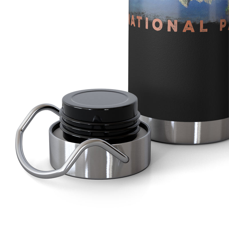 Grand Teton National Park souvenir water bottle featuring a scenic mountain reflection design with stainless steel construction.