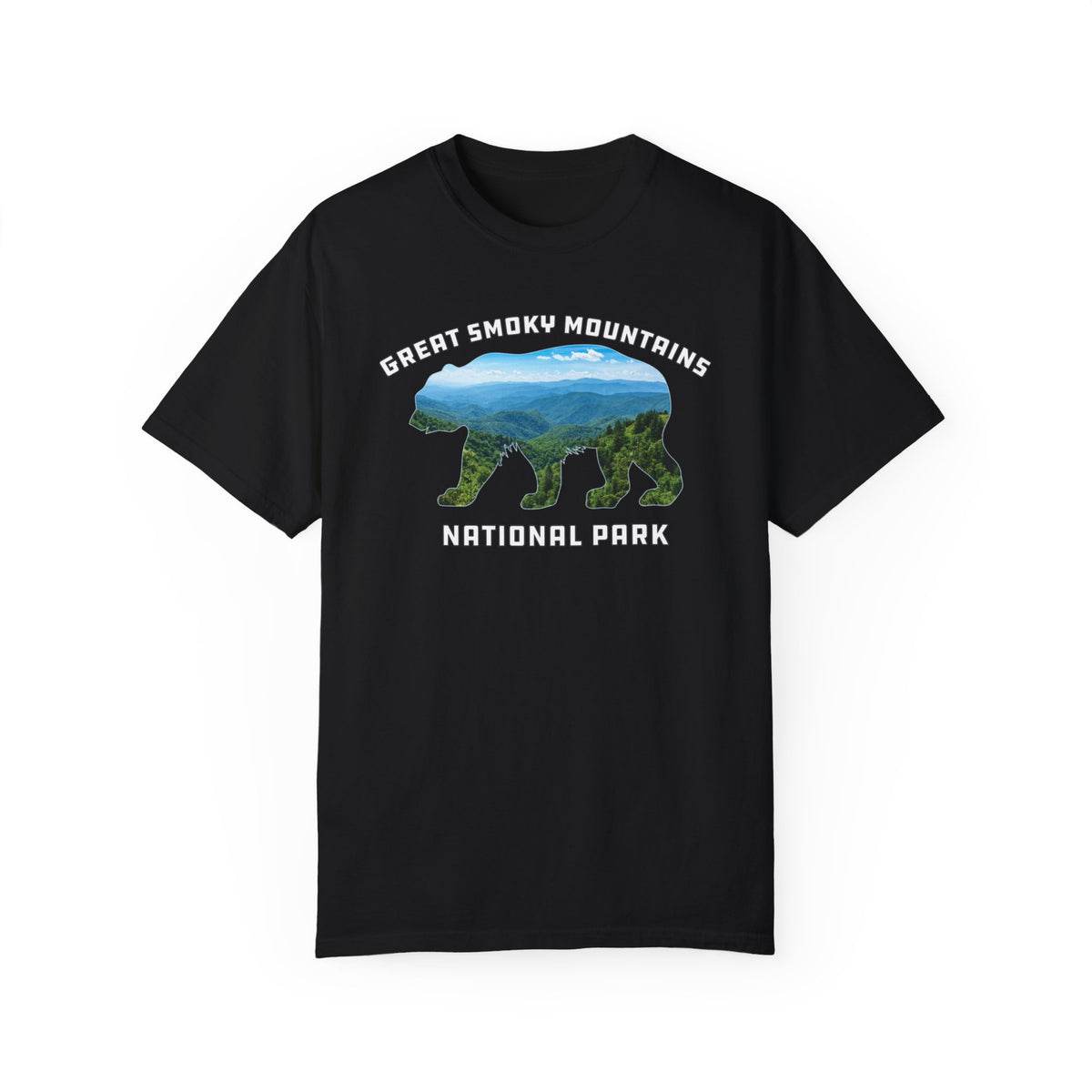 T-shirt featuring a bear silhouette filled with a scenic mountain landscape and the text "Great Smoky Mountains National Park."