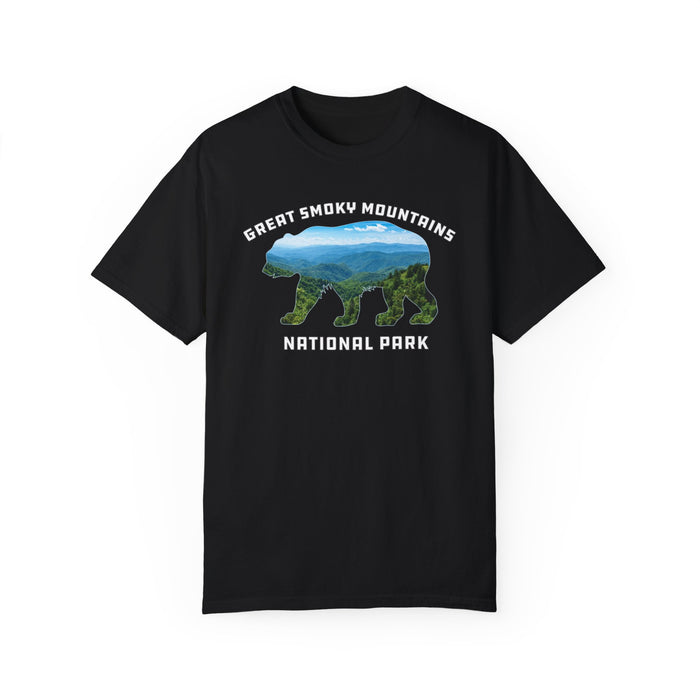 T-shirt featuring a bear silhouette filled with a scenic mountain landscape and the text "Great Smoky Mountains National Park."