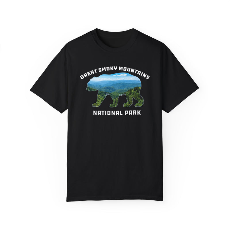 T-shirt featuring a bear silhouette filled with a scenic mountain landscape and the text "Great Smoky Mountains National Park."