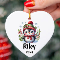 Personalized Kids Christmas Ornament 2024, Cute Penguin Ceramic Holiday Keepsake Customized with Name and Free Shipping