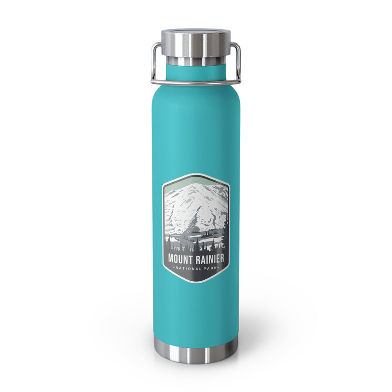 Mint green stainless steel water bottle with a scenic design of Mount Rainier National Park.