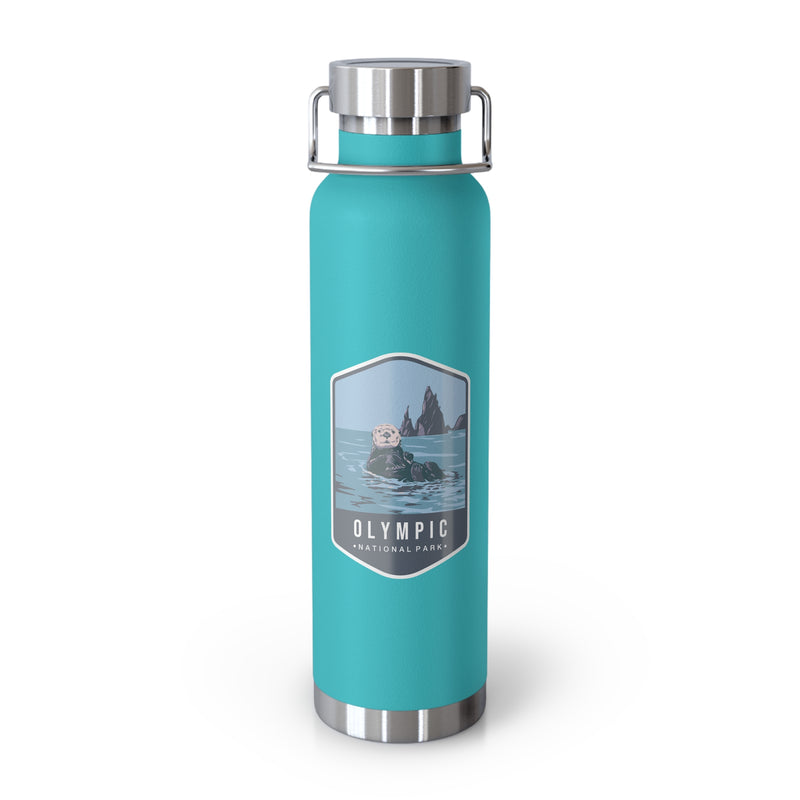 Mint green stainless steel water bottle featuring an Olympic National Park design with an otter swimming in the ocean.