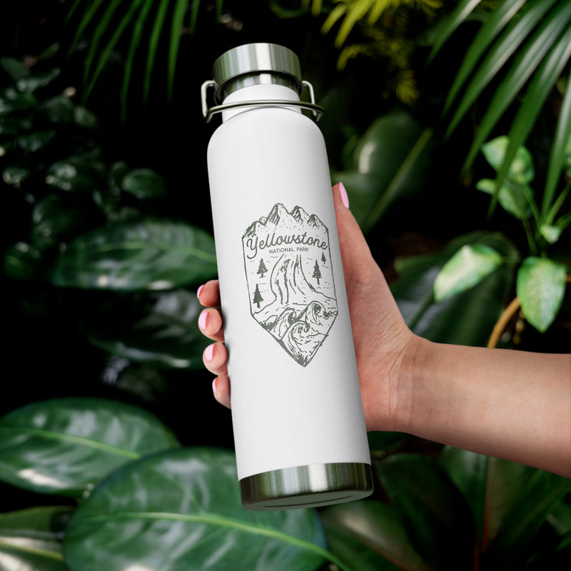 Image of a stainless steel water bottle featuring a design from Yellowstone National Park.