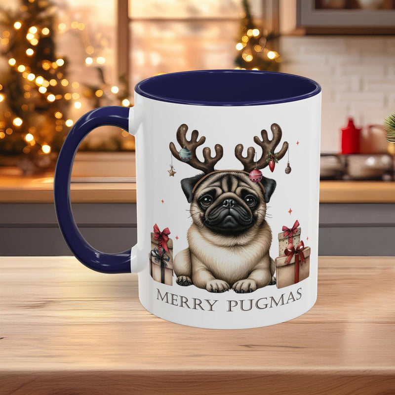 Merry Pugmas Christmas Mug, Cute Pug Dog Design with Free Shipping, Microwave and Dishwasher Safe