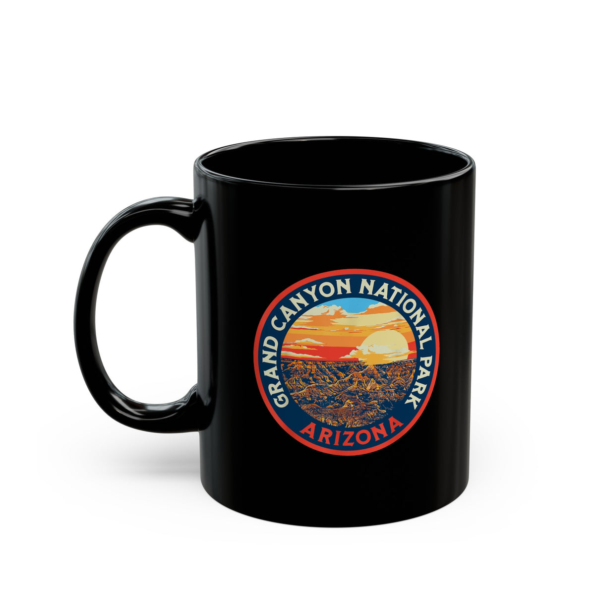 Grand Canyon National Park souvenir mug with a sunset and scenic design.