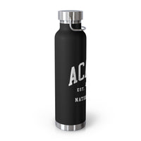 Stainless steel water bottle featuring an Acadia National Park design with a moose and "Est. 1916" text, durable powder-coated finish.