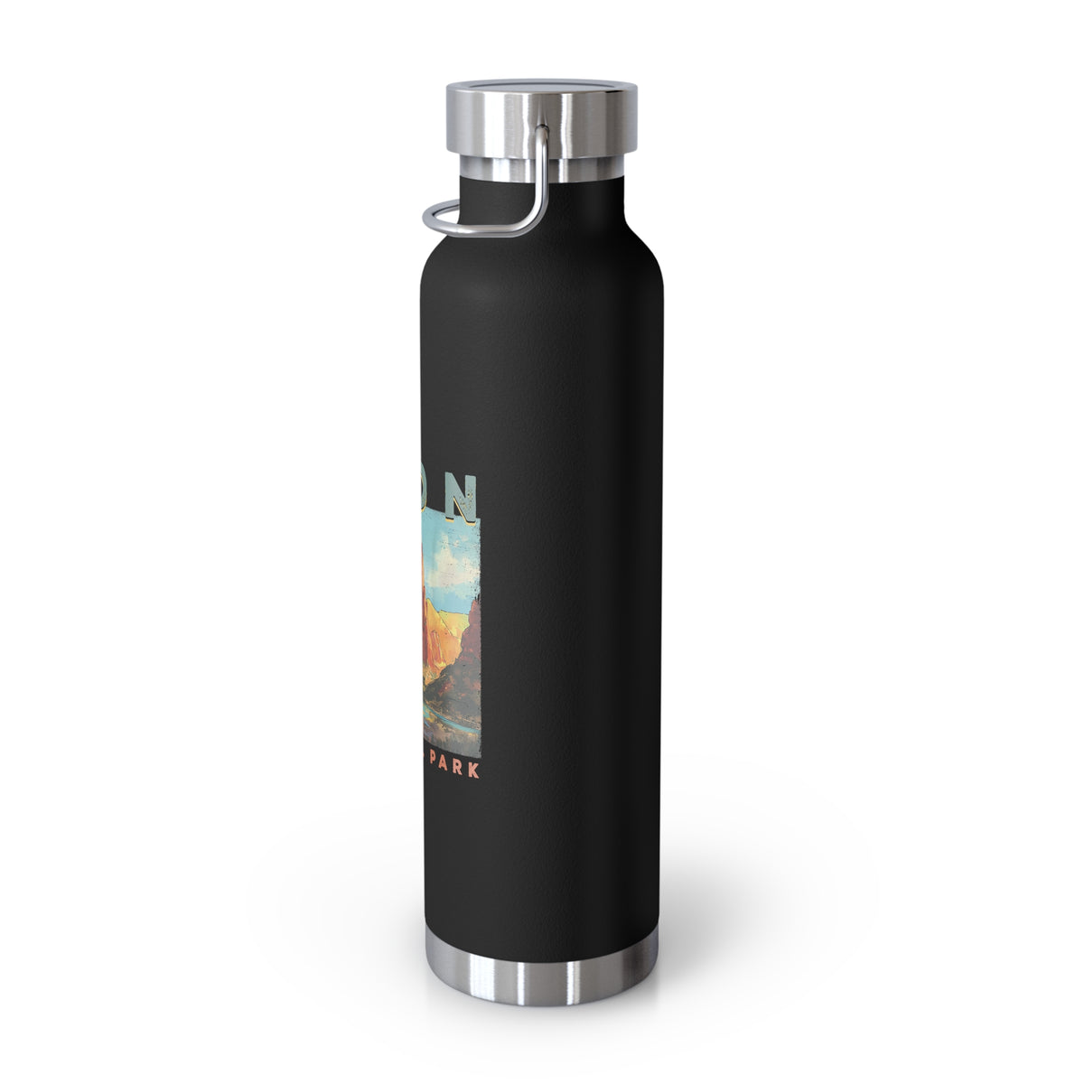 Image of a stainless steel water bottle featuring a landscape design from Zion National Park in Utah.