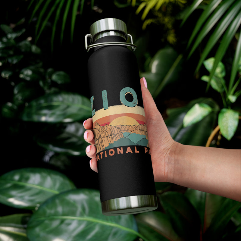 Image of a stainless steel water bottle featuring a scenic design from Zion National Park in Utah.