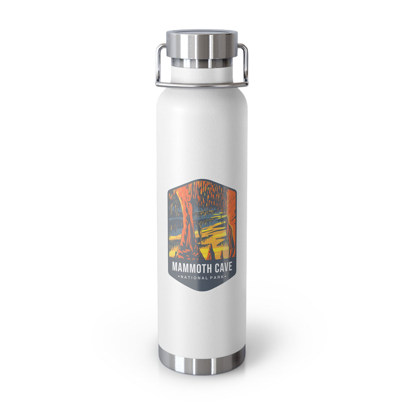 White stainless steel water bottle with a scenic design of Mammoth Cave National Park.